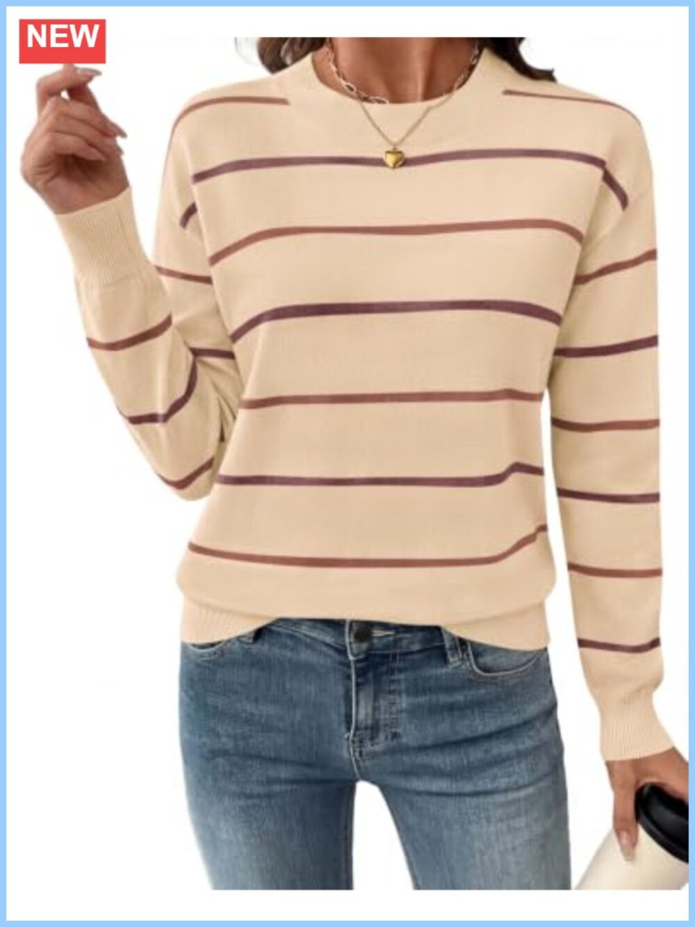 Womens Striped Crewneck Pullover Sweater Ribbed Knit Loose Fit Long Sleeve